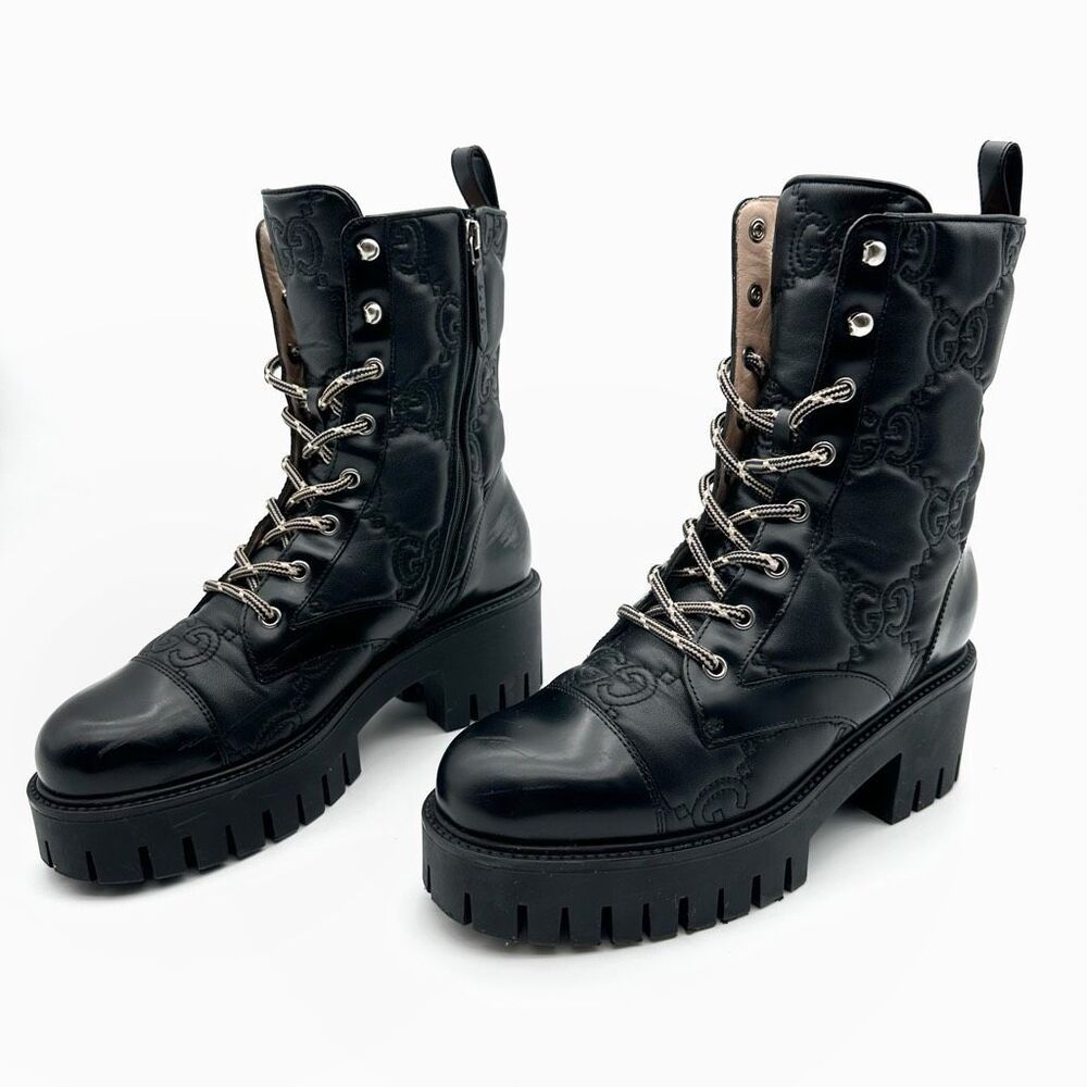 GUCCI GG Quilted Platform Combat Boots Size 38 Black Leather Monogram Embossed